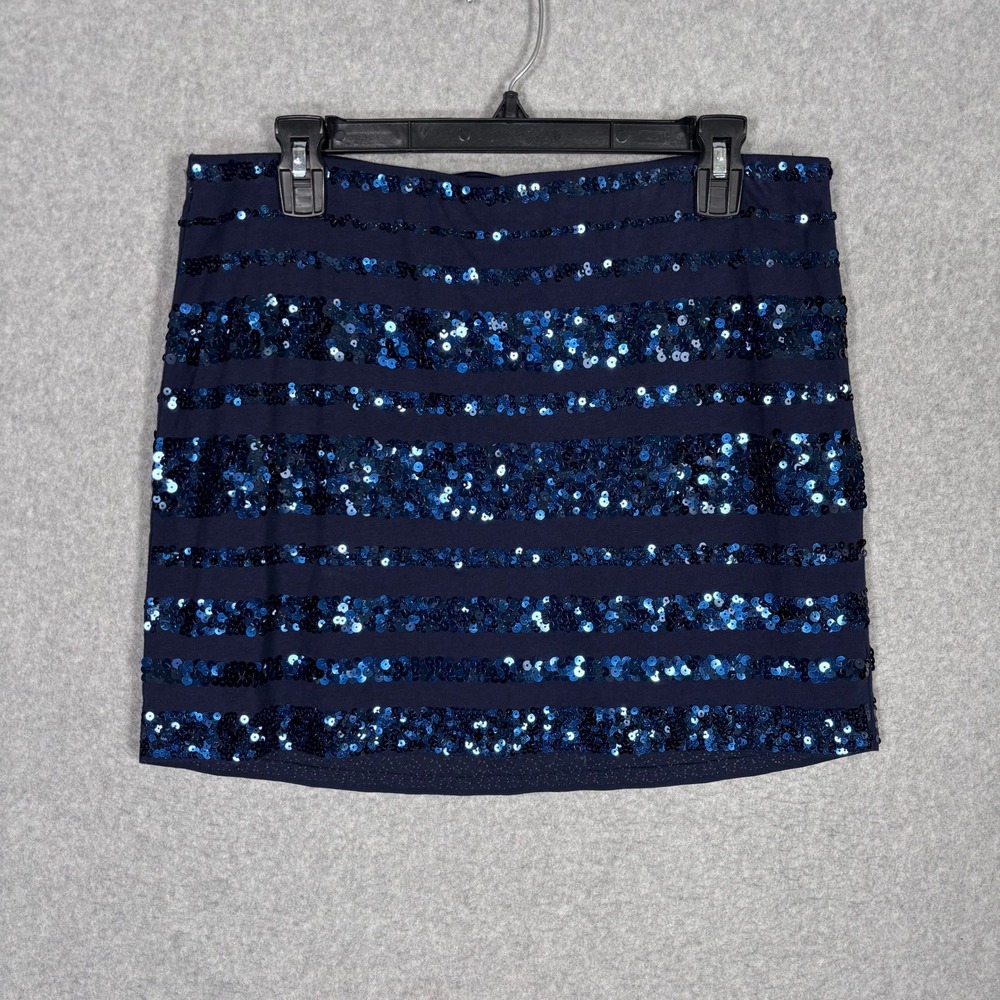Express Sequin Micro Mini Skirt Medium Navy Blue Striped Sparkly Glam Rave EDM